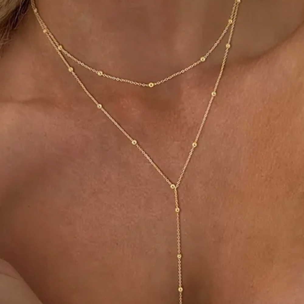 Anthropologie filled Gold Y-Shape Necklace waterproof 14k/titanium ball beads